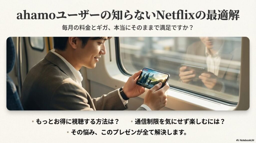 ahamoユーザー向けNetflix最適解のプレゼン表紙。電車内でスマホを使って動画を楽しむ男性のイメージ 。
