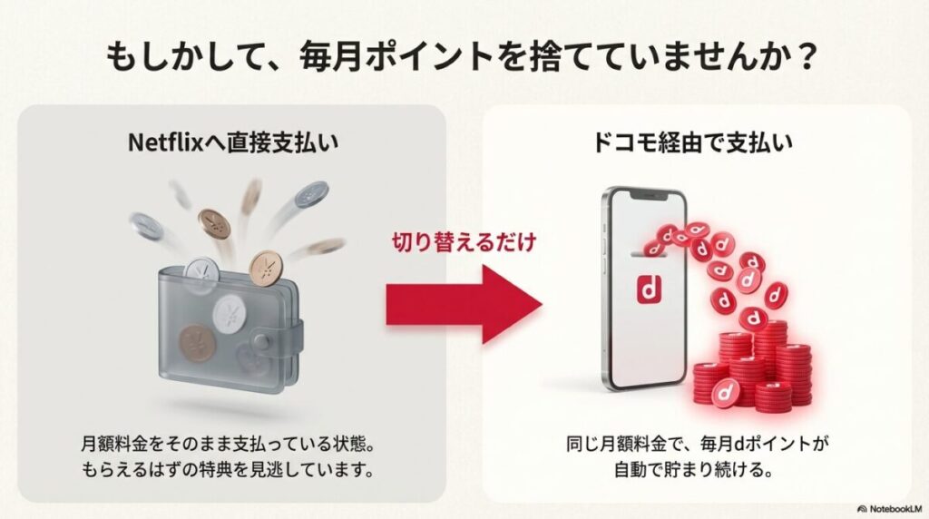 Netflixへ直接支払うよりドコモ経由で支払う方がdポイントが貯まってお得であることを示す比較画像