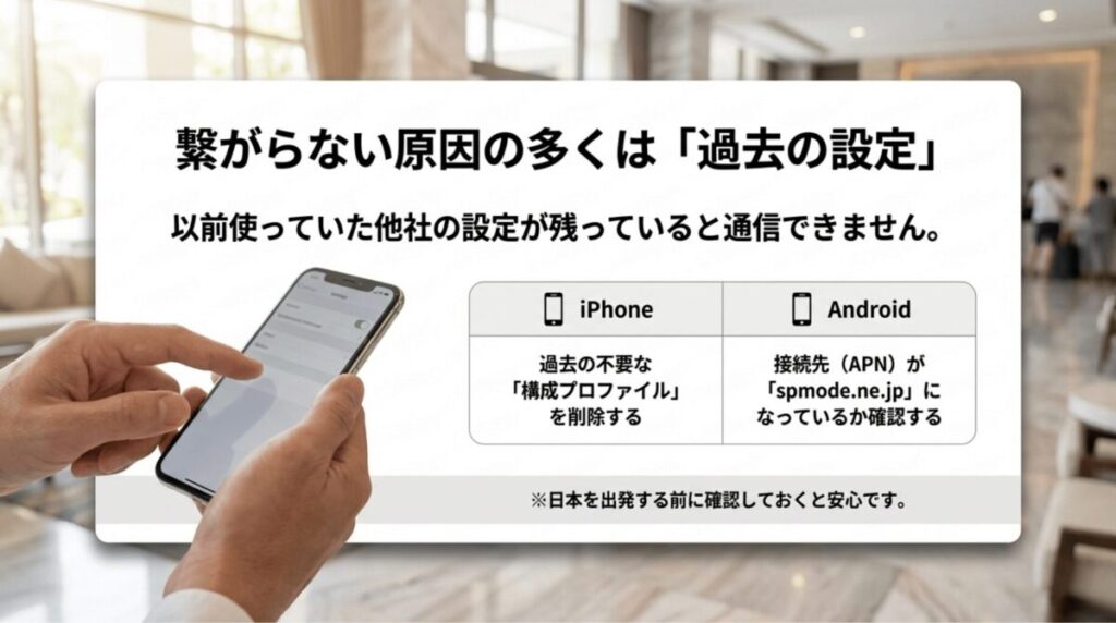 iPhoneでは不要な構成プロファイル削除、AndroidではAPNがspmode.ne.jpか確認することを示したスライド