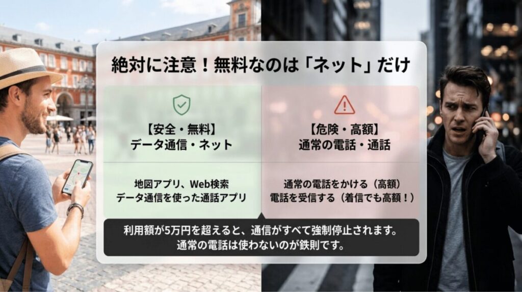 ahamo海外利用ではデータ通信は安全だが、通常の電話や着信は高額になり利用額5万円で停止されることを説明したスライド