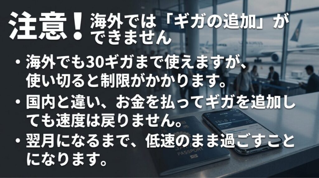 ahamoは海外でも30ギガまで使えるが、超過後はギガを追加購入しても速度制限が解除されないことを説明するスライド