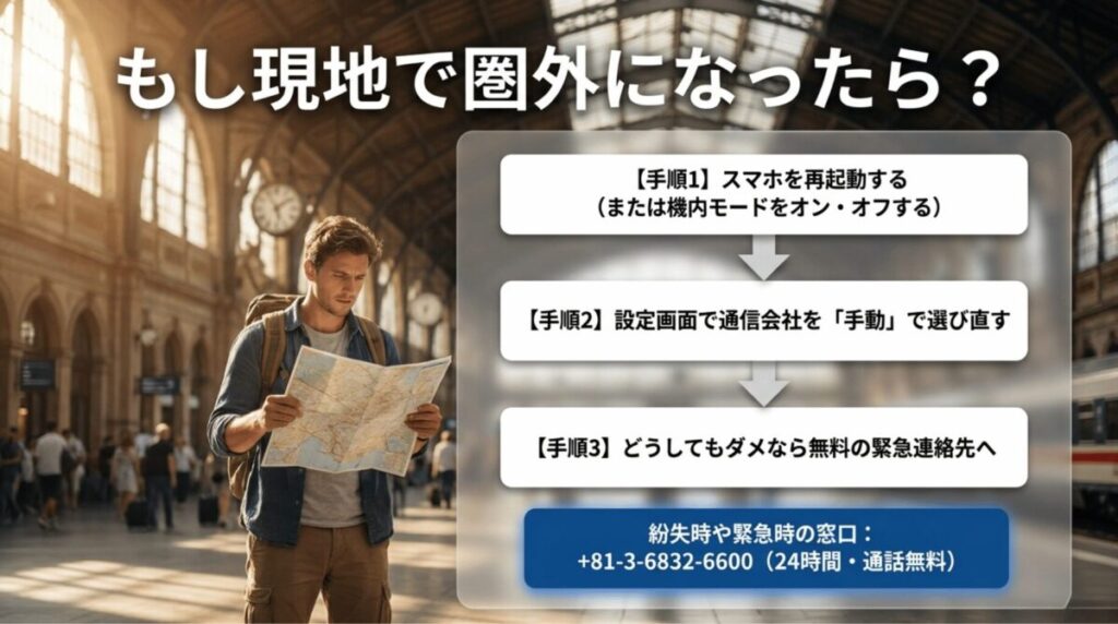 海外でahamoが圏外になった場合の再起動、通信会社の手動選択、緊急連絡先を示したスライド