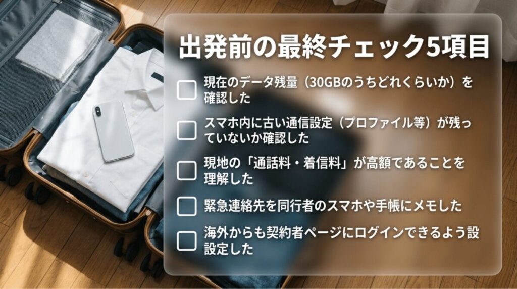 出発前にデータ残量、古い通信設定、通話料、緊急連絡先、海外ログイン設定を確認するチェックリストのスライド