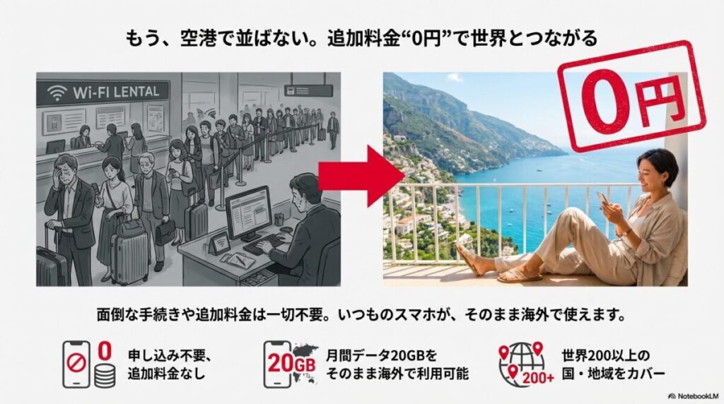 空港で並ぶ必要がなく、月間データ20GBを世界200以上の国・地域で追加料金0円のまま使えることを示すスライド。