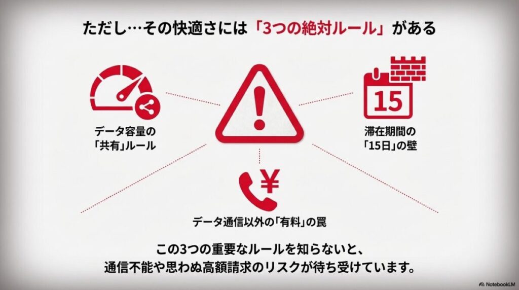 データ容量の共有ルール、滞在期間の15日の壁、データ通信以外の有料の罠という3つの注意点の概要。