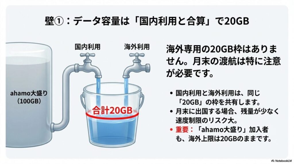 海外専用の枠はなく、国内と海外で合計20GBを共有すること、大盛り加入者も海外上限は20GBであることを示す図解。