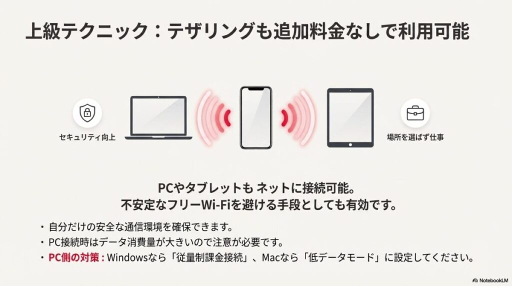 追加料金なしでPCやタブレットを接続できるメリットと、PC側の「低データモード」設定などの注意点。