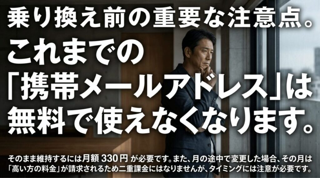 ahamoへ乗り換えるとドコモの携帯メールアドレスを無料では使えなくなる注意点を示したスライド