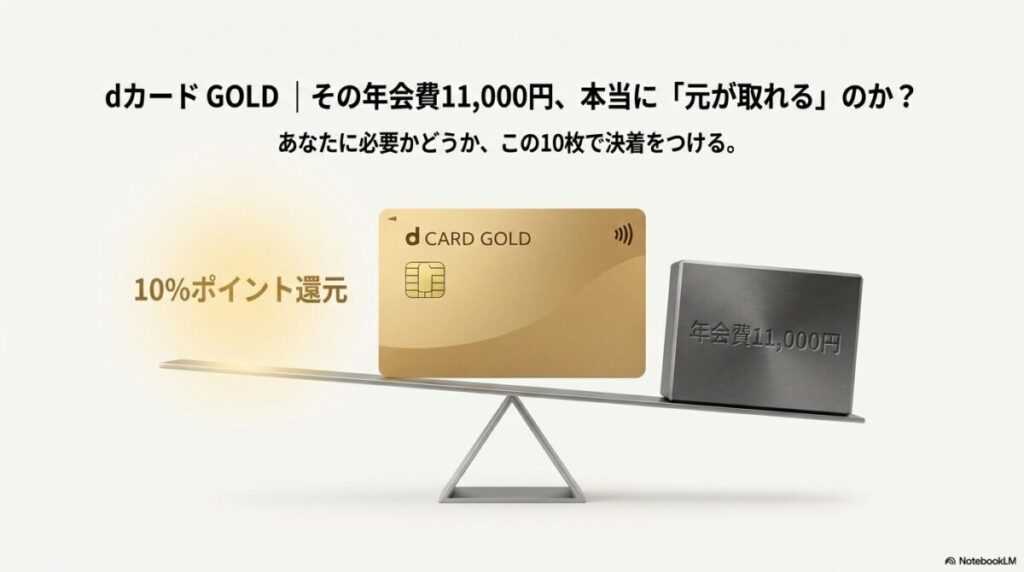 dカード GOLDの10%ポイント還元と年会費11,000円を天秤にかけたイメージ画像。元が取れるかを検証する内容。