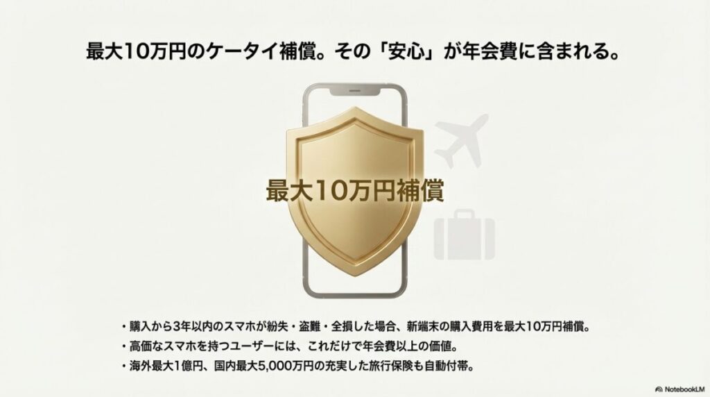 購入から3年以内のスマホ紛失・盗難・全損を最大10万円まで補償する特典と、旅行保険の付帯状況を説明する図。