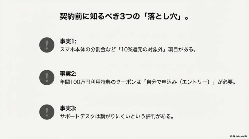 10%還元の対象外項目、年間特典の自己申し込み、サポートデスクの混雑という3つの「落とし穴」に関する解説。
