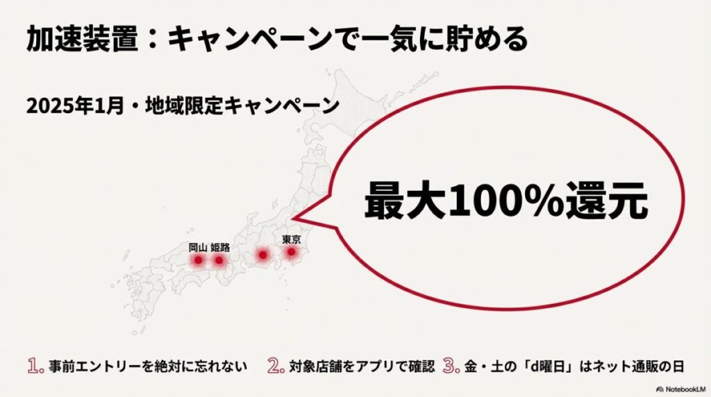 東京、岡山、姫路などの地域限定最大100%還元キャンペーン情報と、攻略のための3つの鉄則（エントリー、店舗確認、d曜日） 。