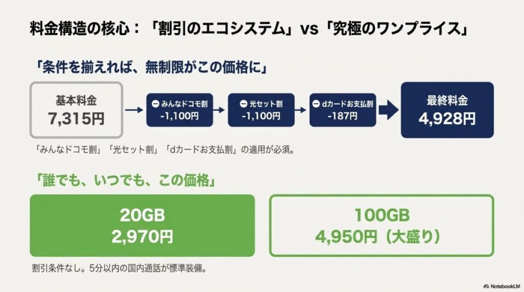 各種割引適用で4,928円になるeximoと、条件なしで2,970円から使えるahamoの料金構造比較