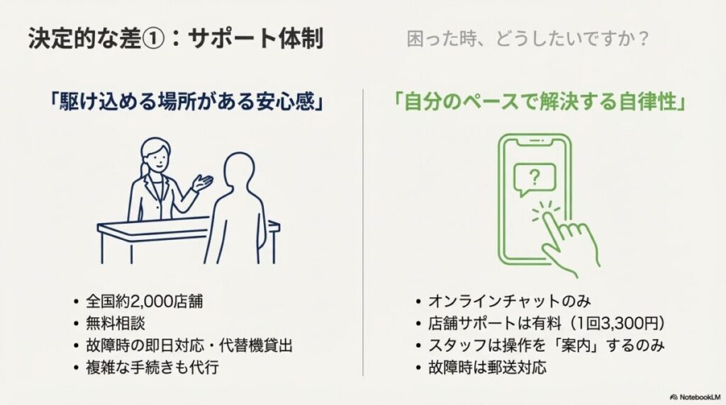全国の店舗で無料相談ができるeximoと、チャット対応メインで店舗は有料（3,300円）となるahamoのサポート比較