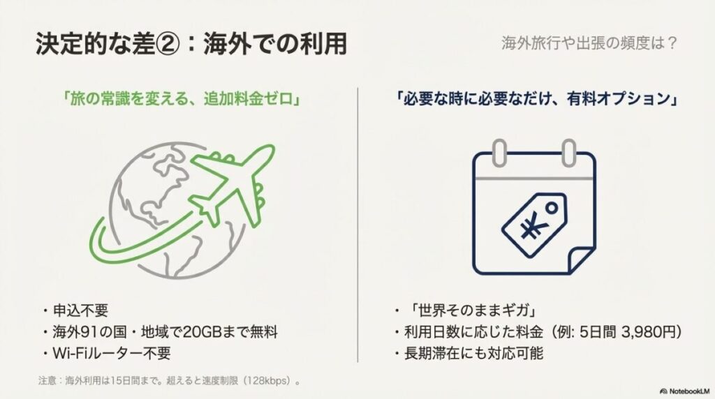 追加料金ゼロで20GB使えるahamoと、有料オプション「世界そのままギガ」が必要なeximoの比較