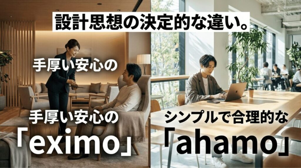eximoは手厚い安心、ahamoはシンプルで合理的という設計思想の違いを比較したスライド