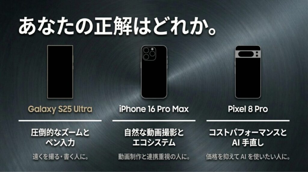 Galaxy S25 Ultra、iPhone 16 Pro Max、Pixel 8 Proの特徴を比較し、ズームとペン入力、動画撮影、コストパフォーマンスの違いを示したスライド