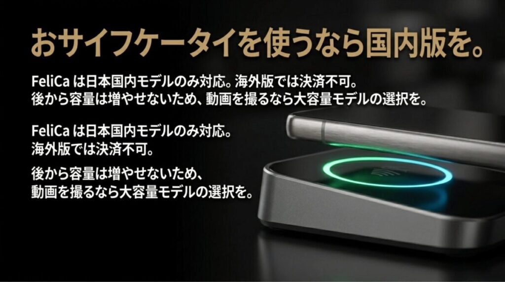 Galaxy S25 UltraでFeliCaを使うなら日本国内モデルが必要で、海外版では決済できないことや大容量モデル選びの重要性を説明したスライド