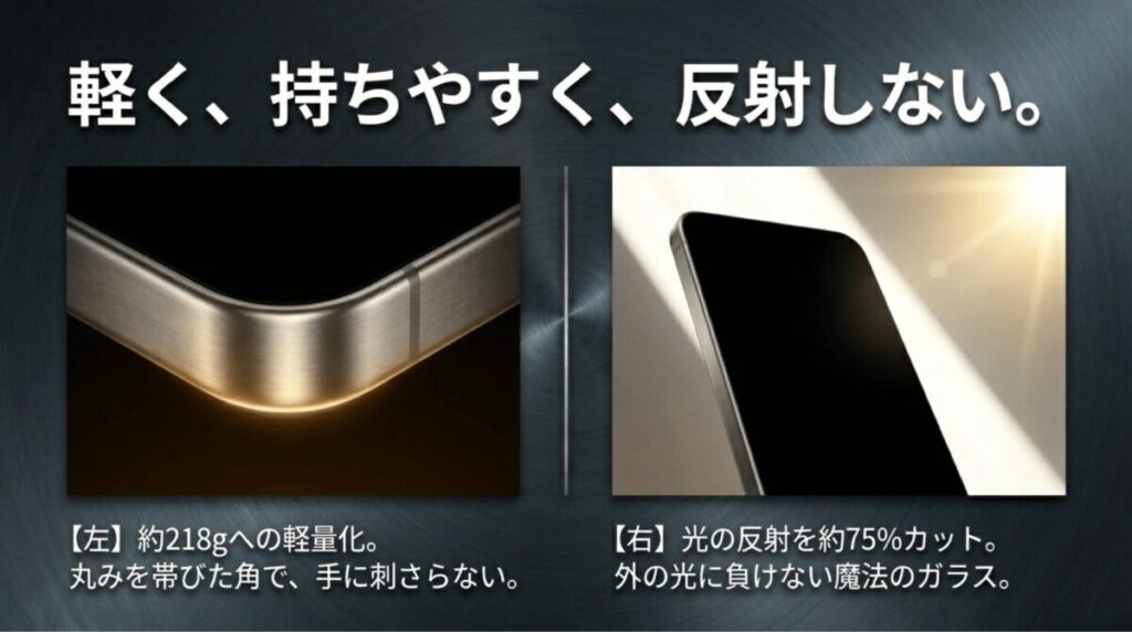 Galaxy S25 Ultraの約218gへの軽量化、丸みを帯びた角、光の反射を約75%カットする低反射ディスプレイを説明したスライド