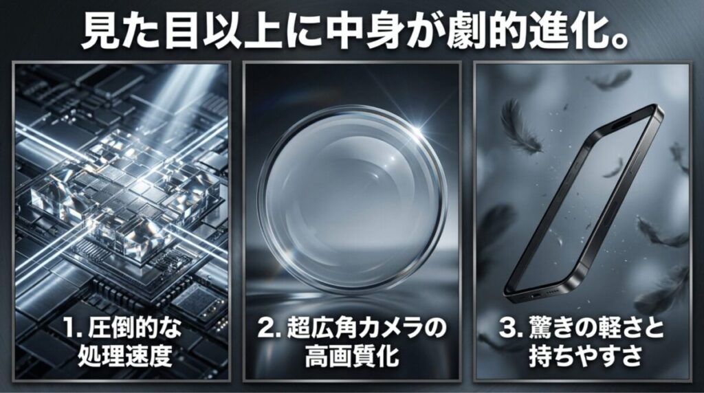 Galaxy S25 Ultraの処理速度、超広角カメラ、軽量化と持ちやすさの3つの進化ポイントをまとめた比較スライド