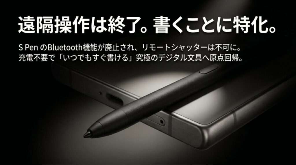 Galaxy S25 UltraのS PenでBluetooth機能が廃止され、リモートシャッターは使えない一方で書く機能に特化したことを示すスライド