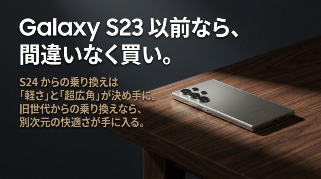Galaxy S23以前ならGalaxy S25 Ultraへの買い替えで快適さが大きく向上し、S24からは軽さと超広角カメラが判断材料になることを示したスライド