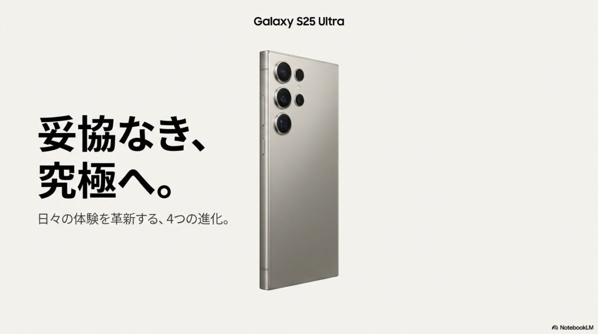 Galaxy S25 Ultraの筐体側面と「妥協なき、究極へ。」というキャッチコピーが書かれたスライド