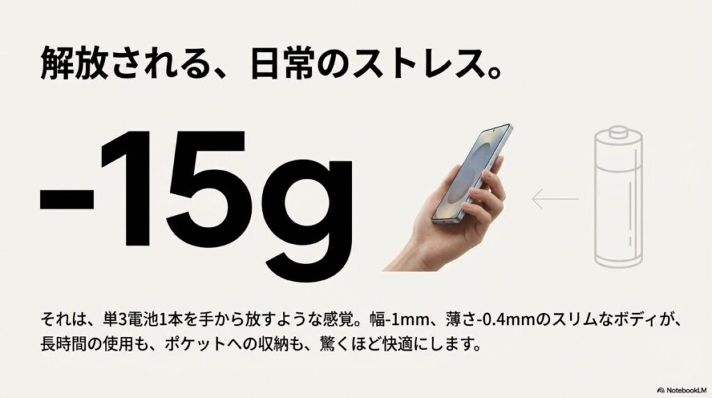 前モデルと比較してマイナス15gの軽量化を実現したことを、単3電池1本分に例えた比較図