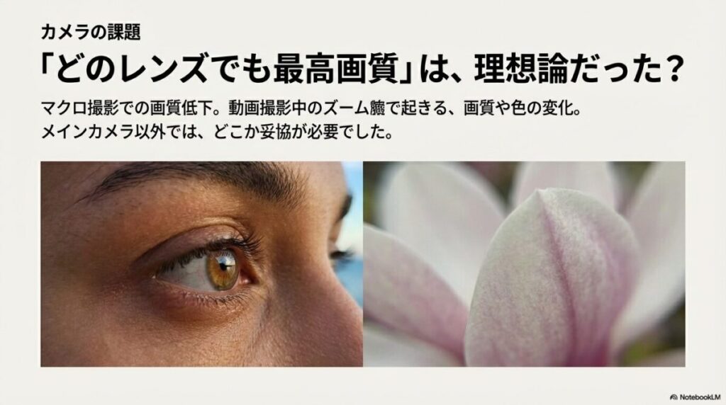 人間の瞳の虹彩や花びらの微細な質感まで鮮明に捉えた、超広角カメラによるマクロ撮影のサンプルイメージ