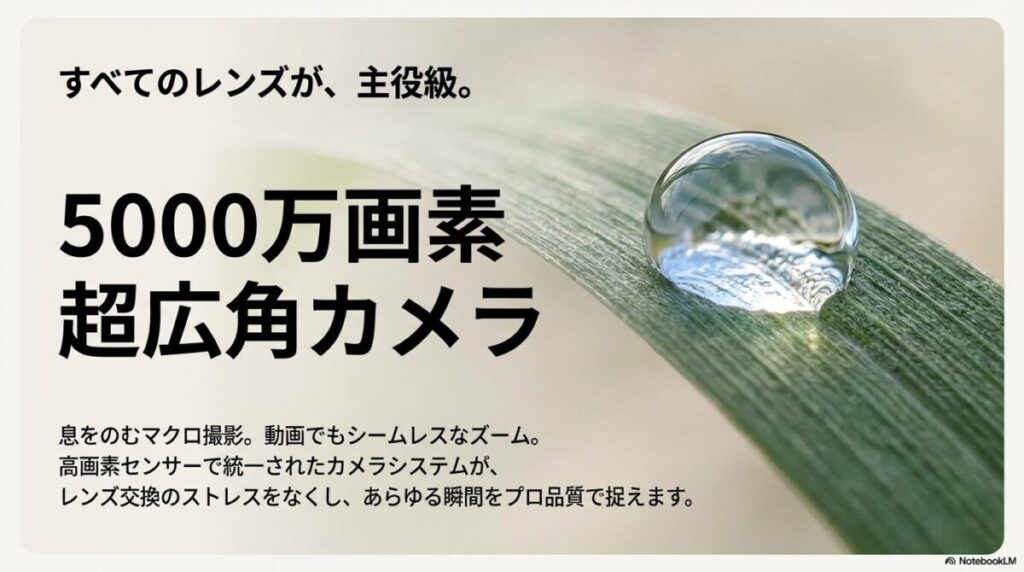 5000万画素に進化し、すべてのレンズが主役級になったことを強調するGalaxy S25 Ultraのカメラシステム紹介スライド