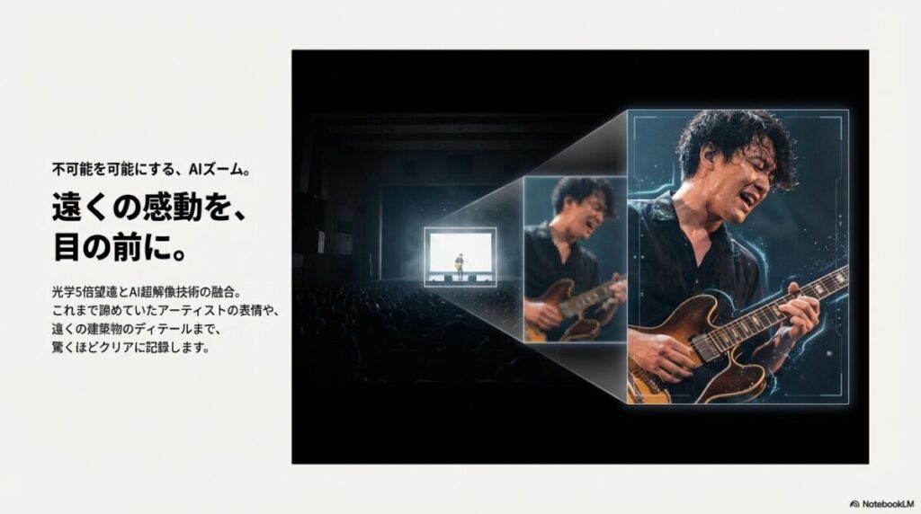 遠くのステージにいるギタリストを、AIズーム機能によって表情や手元まで鮮明に拡大撮影している様子の比較画像