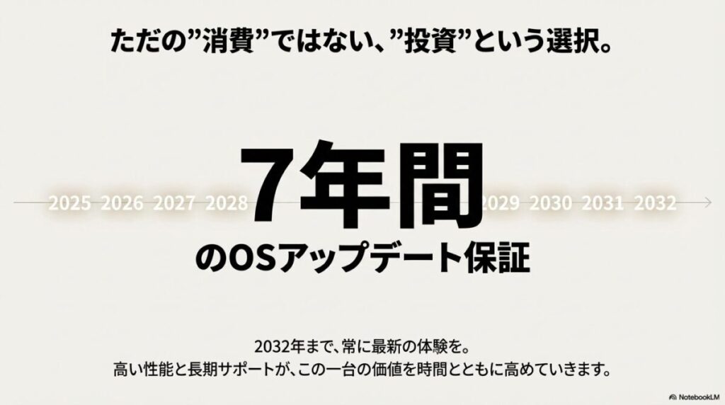 2025年から2032年まで、7年間にわたりOSアップデートとセキュリティサポートが続くことを示す年表イメージ