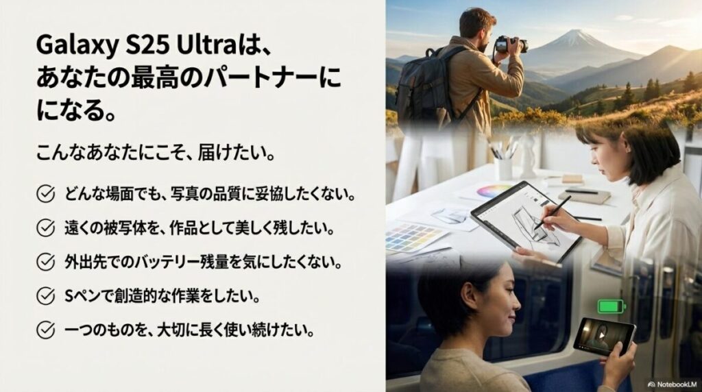 旅行先での写真撮影、Sペンを使ったクリエイティブワーク、移動中の動画鑑賞など、Galaxy S25 Ultraが活躍するシーンをまとめたイメージ画像