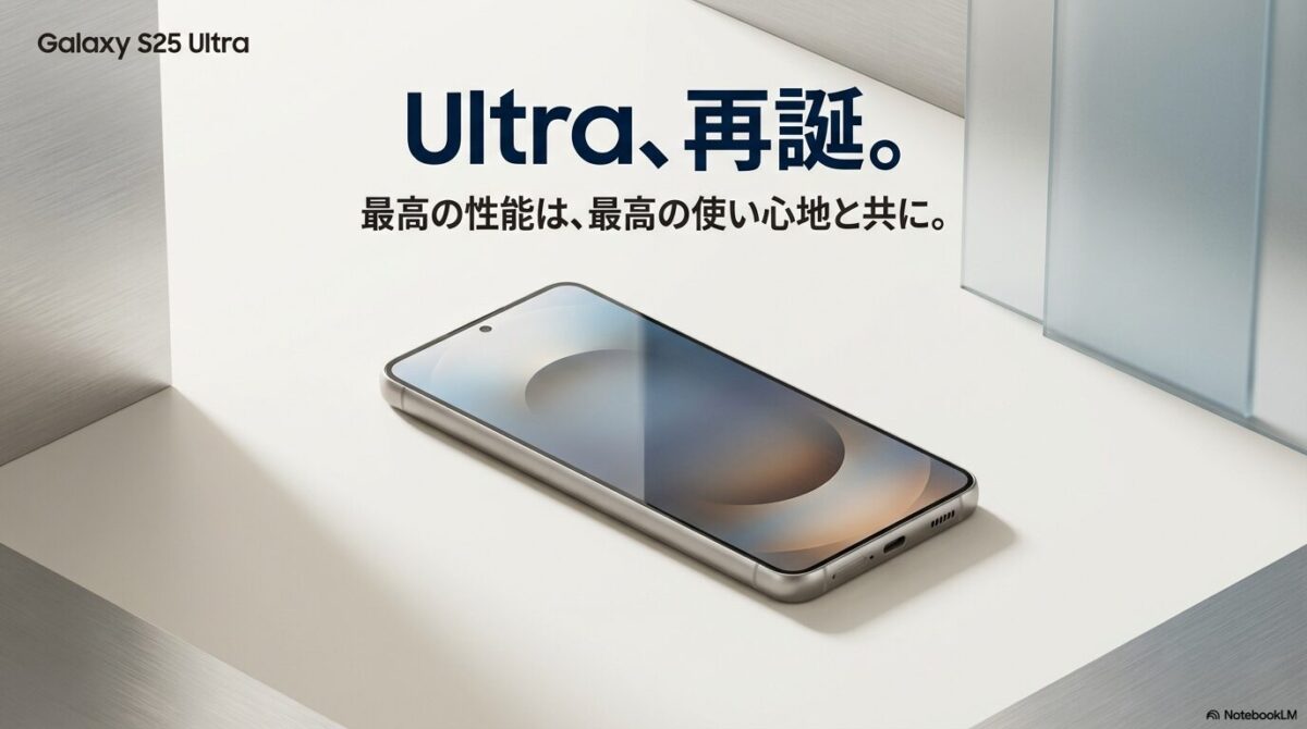 Galaxy S25 Ultraの製品タイトルと「最高の性能は、最高の使い心地と共に」というキャッチコピー