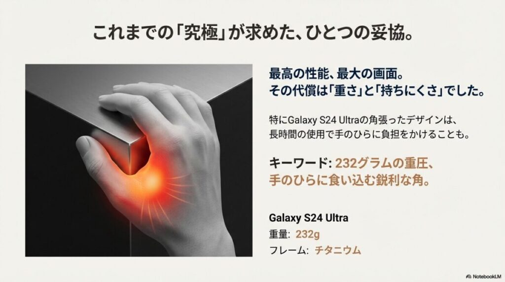 Galaxy S24 Ultraの角が手のひらに食い込む様子と、232gの重さを表すイメージ