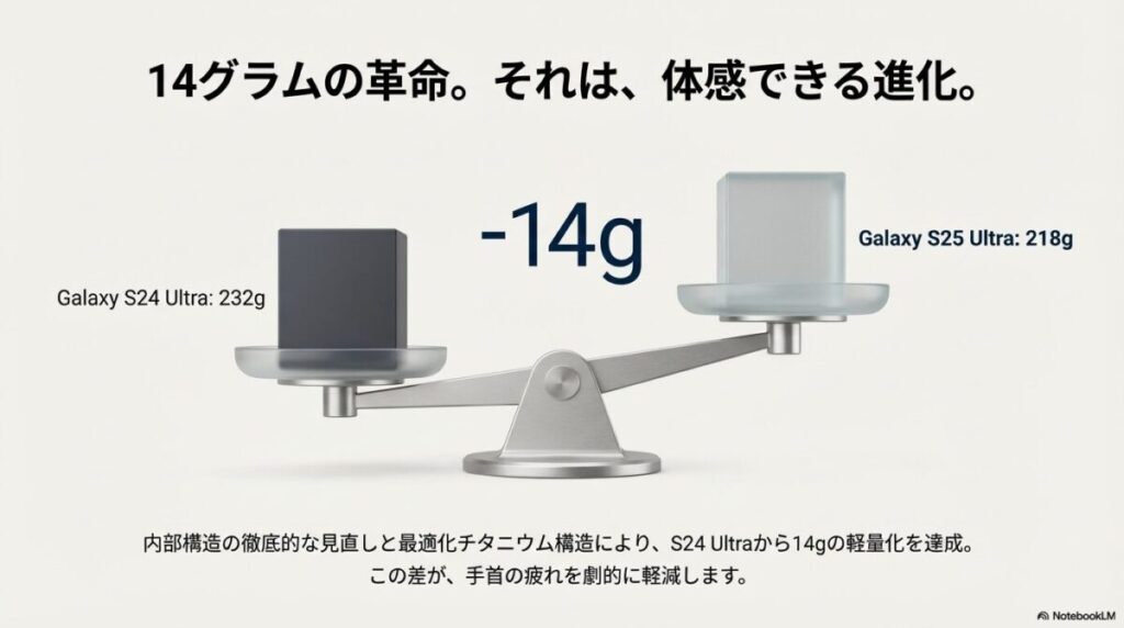 天秤を用いたS24 Ultra(232g)とS25 Ultra(218g)の比較。14g軽量化したことを示すグラフィック