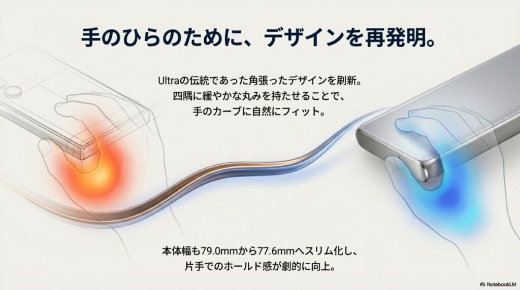 四隅に丸みを持たせ、本体幅を77.6mmにスリム化したGalaxy S25 Ultraの持ちやすさの解説