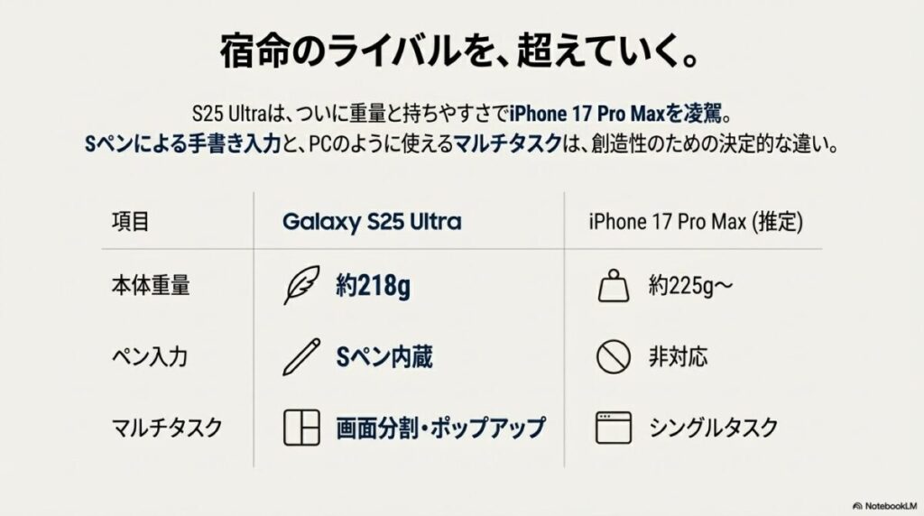 Galaxy S25 UltraとiPhone 17 Pro Maxの重量、ペン入力、マルチタスク機能の比較表