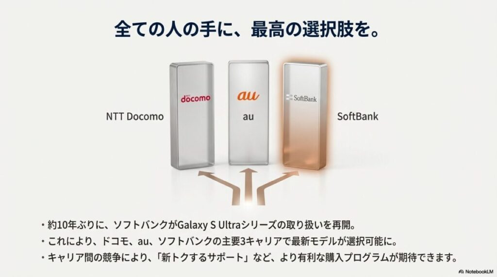 ドコモ、au、ソフトバンクのロゴ。ソフトバンクが約10年ぶりにUltraシリーズを取り扱うことの案内