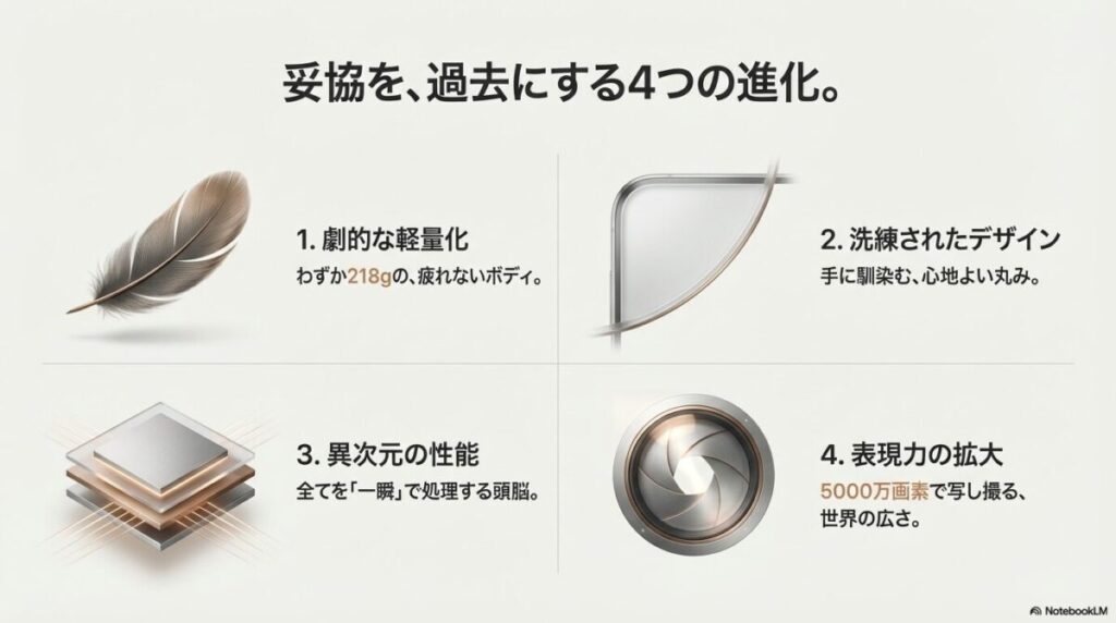 劇的な軽量化、洗練されたデザイン、異次元の性能、表現力の拡大という4つの進化のまとめ