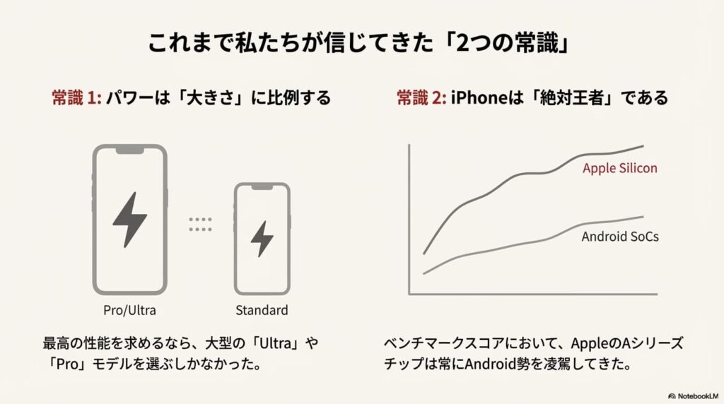 従来のスマートフォン市場における「パワーは大きさに比例する」「iPhoneが絶対王者である」という2つの常識を示したスライド。グラフでは、これまでApple Siliconが常にAndroid SoCを上回っていたが、今回その差が埋まりつつあることを示唆している。