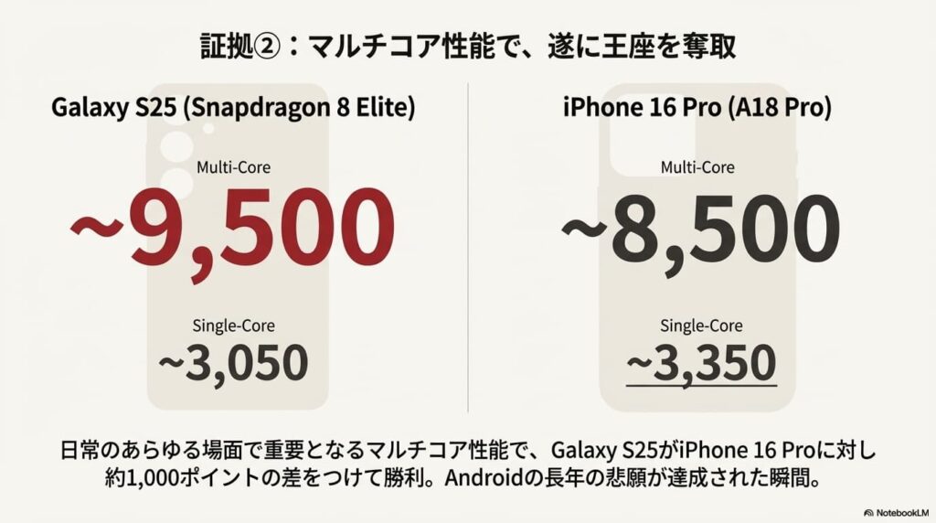 Geekbenchにおけるマルチコアスコアの比較スライド。Galaxy S25(Snapdragon 8 Elite)が約9,500点、iPhone 16 Pro(A18 Pro)が約8,500点となっており、Galaxy S25が約1,000ポイント差をつけて王座を奪取したことを強調している。