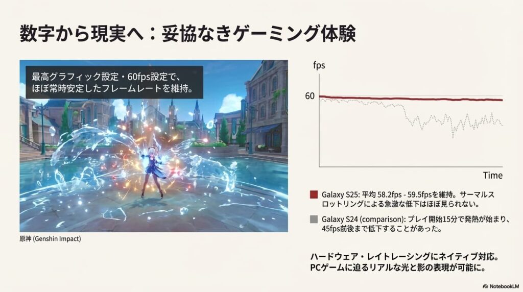 最高グラフィック設定・60fps設定でのゲームプレイ検証データ。上部のゲーム画面キャプチャと下部のFPSグラフにより、Galaxy S25がほぼ常時60fps付近を維持しているのに対し、比較対象のS24は途中からフレームレートが低下している様子が示されている。