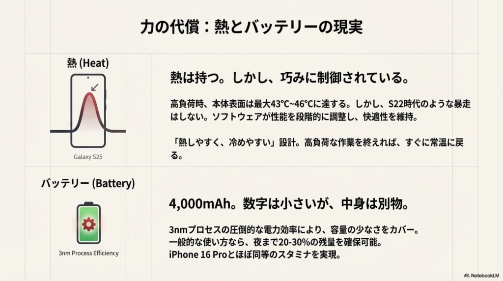 Galaxy S25の発熱とバッテリーに関する仕様解説。熱は持つものの制御されておりすぐに冷める設計であること、バッテリーは4,000mAhだが3nmプロセスの効率化によりiPhone 16 Proと同等のスタミナを実現していることが表形式でまとめられている。