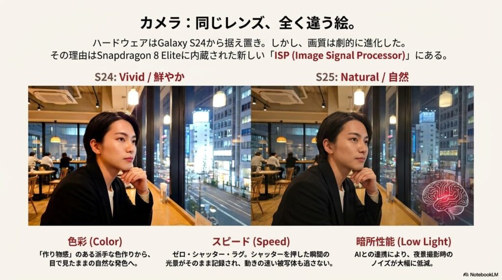 Galaxy S24とS25の写真比較。S24は鮮やかだが作り物感のある発色であるのに対し、S25は新しいISPにより、目で見たままの自然な発色(Natural)に進化していることが人物写真で示されている。