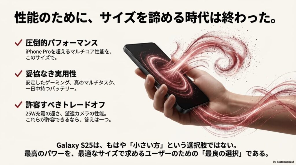 Galaxy S25のイメージビジュアルとともに、「性能のためにサイズを諦める時代は終わった」「最高のパワーを、最適なサイズで求めるユーザーのための最良の選択」という結論のメッセージが記されたスライド。