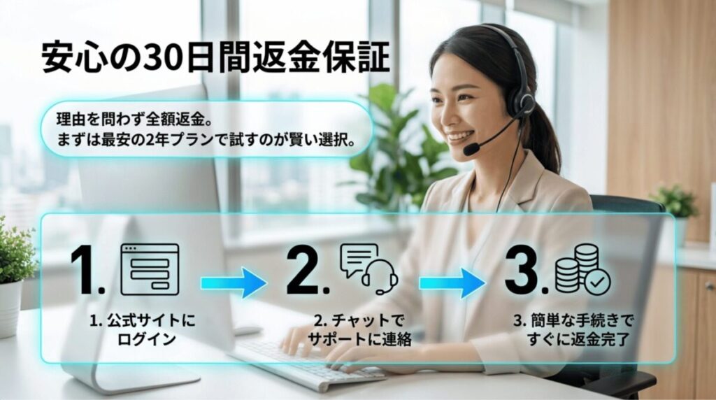 NordVPNの返金手続きを、公式サイトへログイン、チャットで連絡、返金完了の3ステップで示したスライド