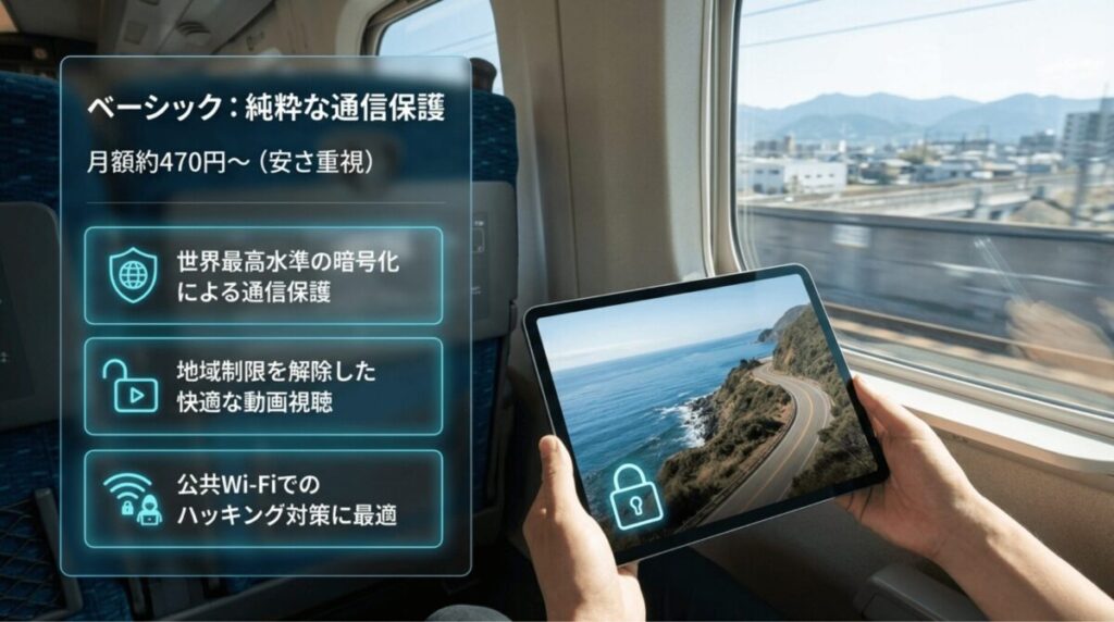 ベーシックプランの月額目安と、通信保護、動画視聴の地域制限解除、公共Wi-Fi対策の3つのメリットを示したスライド