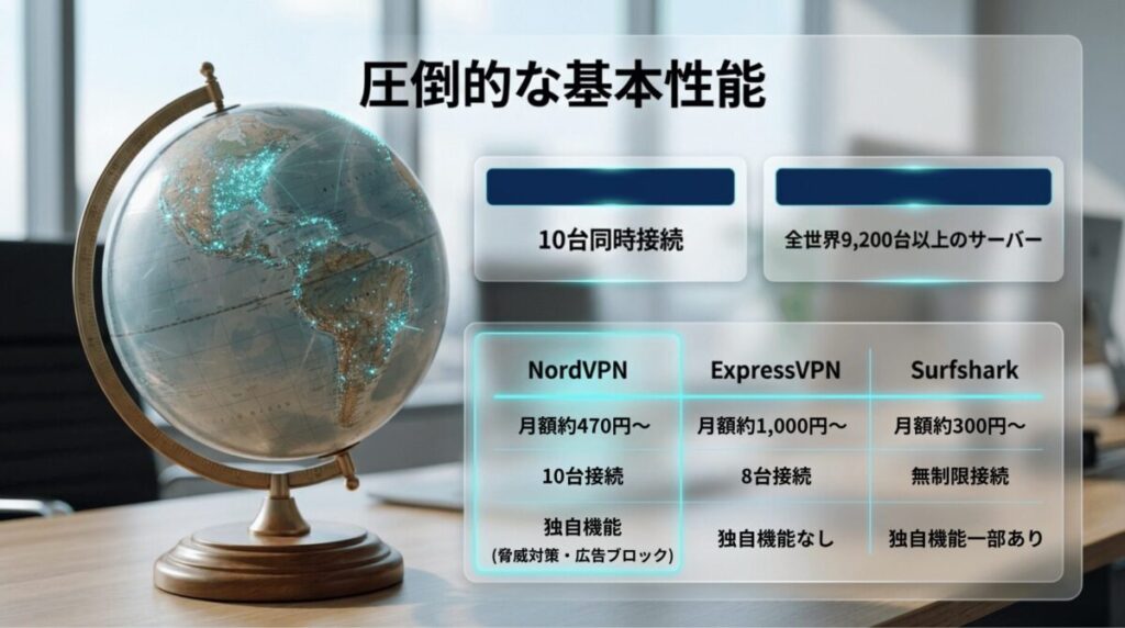 NordVPNの10台同時接続と9,200台以上のサーバーを示し、ExpressVPNとSurfsharkとの料金や接続台数を比較したスライド