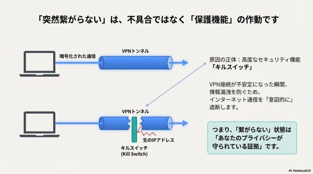 キルスイッチの仕組み図。VPN接続が切れた際、生のIPアドレス漏洩を防ぐために通信を意図的に遮断し、プライバシーを保護する流れを説明しています。